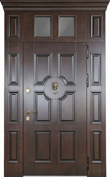 Входная группа с терморазрывом, верхней остекленной вставкой с карнизом, кнокером и отделкой МДФ со шпоном