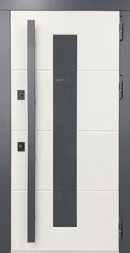 Металлическая остекленная термодверь с бугельной ручкой, серыми наличниками и белыми плитами МДФ RAL