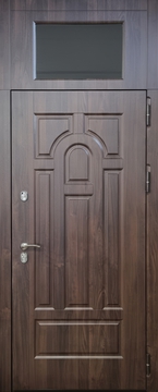 Стальная термодверь с остекленной верхней вставкой и отделкой влагостойкими коричневыми плитами МДФ